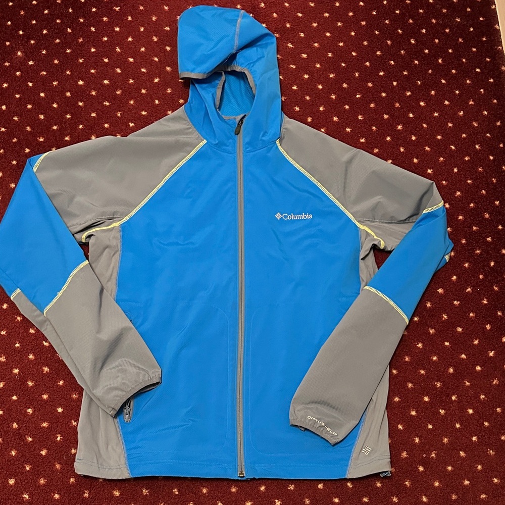 Columbia Blue and Gray Hooded Rain Jacket